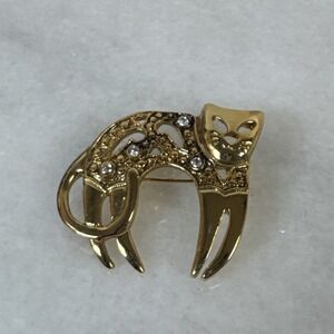 Vintage SFJ Steinmetz Cat Brooch Gold Plated Rhinestone 1970's Kitty Cute Signed